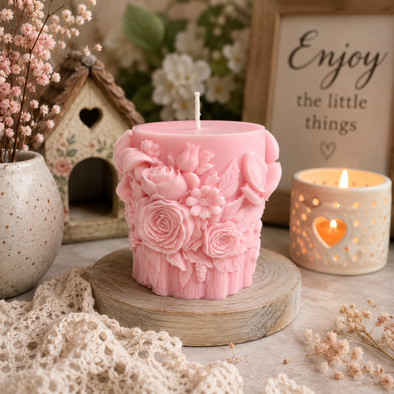 Pink Garden Pillar Soy Candle with Hidden Charms